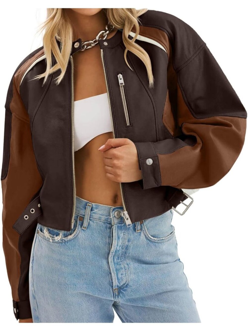Women's Brown Faux Leather Comfortable Zip Up Color Block Casual Bomber Jackets